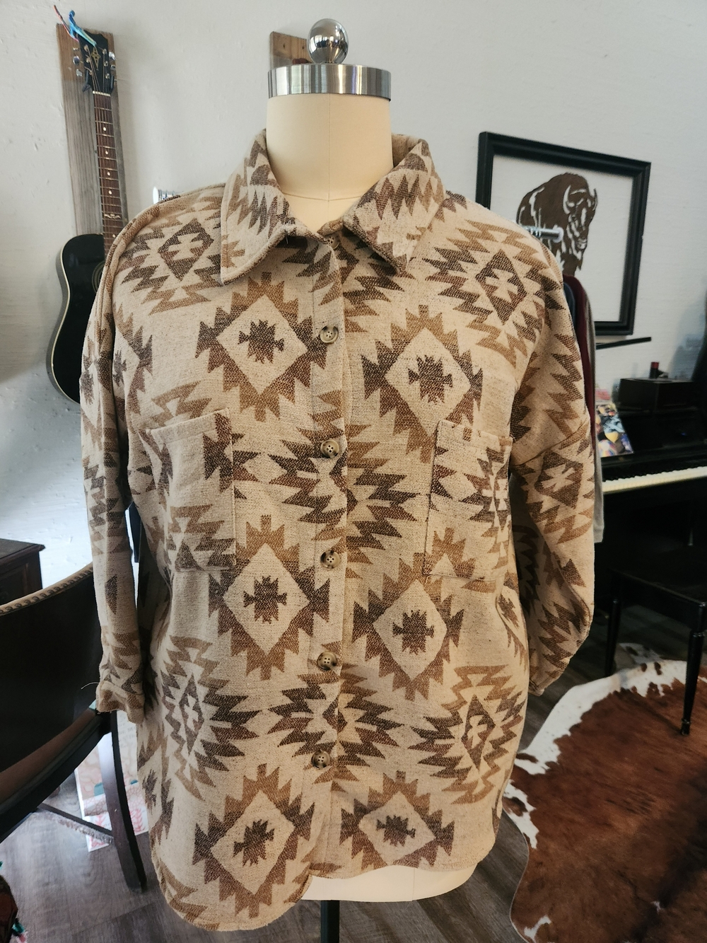 DAVI & DANI Beige and Brown Aztec Button-Down Shirt
